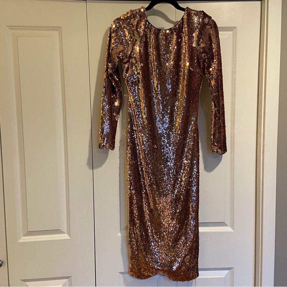 Dress the Population Sequin Midi Dress Rose Gold Deep V Back